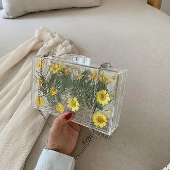 

Ladies simple transparent small square transparent small fresh chain bag with flowers 2020 small jelly crossbody bag