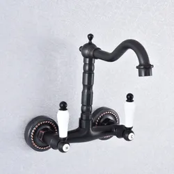 Kitchen Wet Bar Bathroom Vessel Sink Faucet Black Oil Rubbed Brass Wall Mounted Swivel Spout Mixer Tap Dual Ceramic Lever msf750