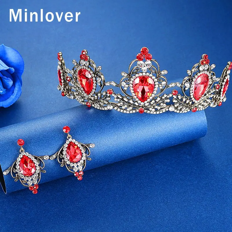 Красный Minlover свадебная корона королевская свадебная диадема королева с висячими серьгами пышная головная повязка принцесса украшение для волос ювелирные изделия HG194 - Окраска металла: Красный