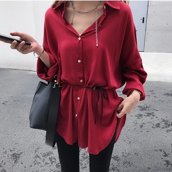 

COIGARSAM 4XL Plus Size Full Sleeve Shirt Womens tops New Loose Women shirts Dark Grey Bright Red 8807