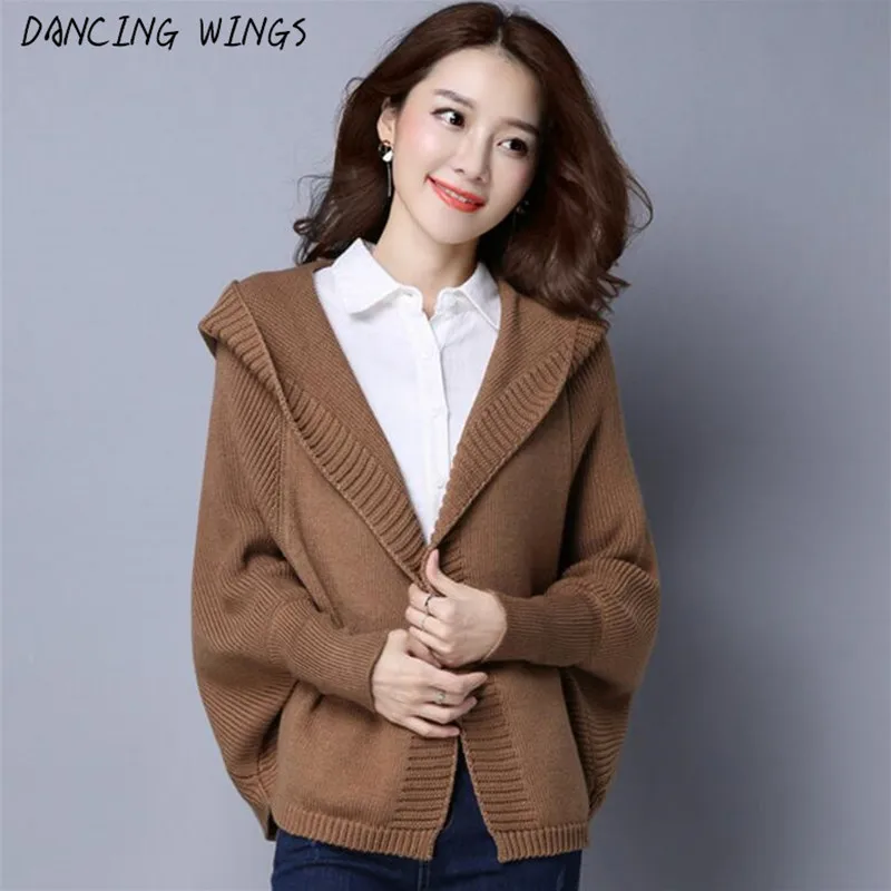 

Solid Color Women Causal Loose Hooded Sweater Bat Sleeve Knit Cardigan Jacket Spring Autumn Short Sweater Coat