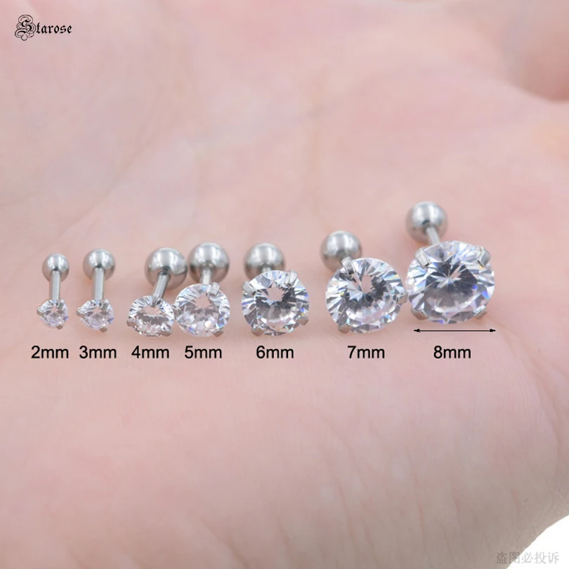 2 Pcs 16G Rod 3~8mm Clear Crystal Ear Piercing Stud Earring AAA Zircon Tragus Earrings Helix Conch Lobe Body Jewelry | Украшения и