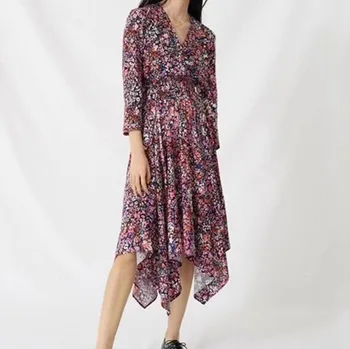

2020 Spring And Summer New Elegant V-neck Irregular Floral print Dress Slim elatic waist long Beach dress