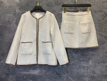 

2020 Early Autumn New Women's Color Matching Woven Edge Symmetrical Pocket Long Sleeve Woolen Top + Overskirt Suit 905