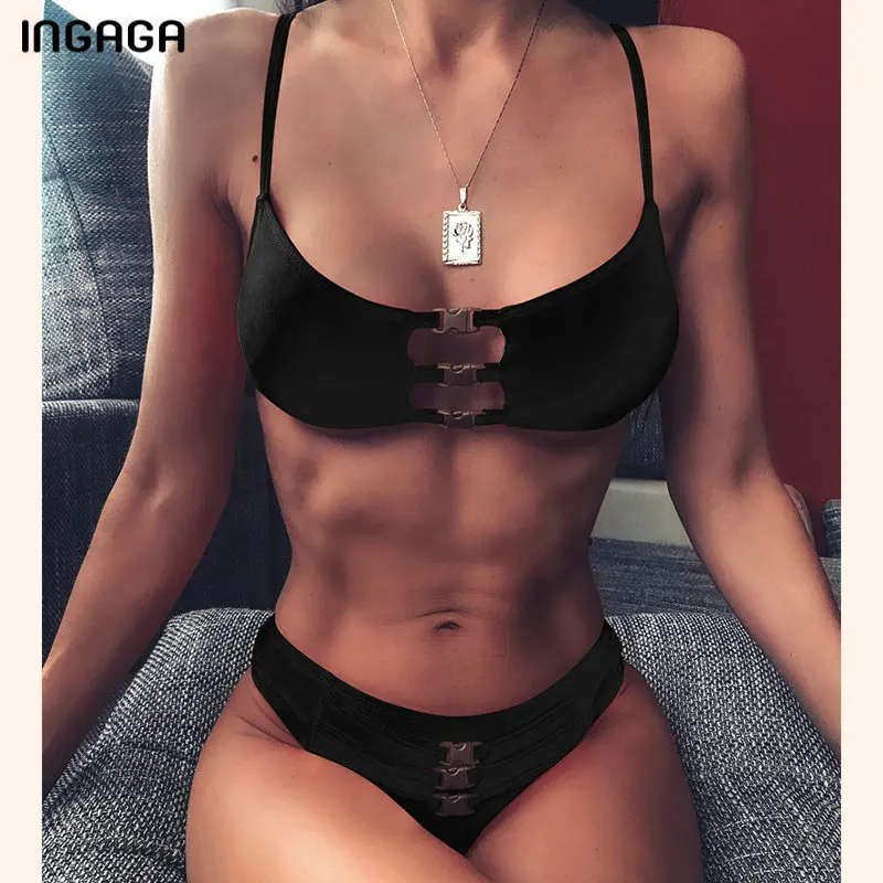 

INGAGA Sexy Push Up Bikini Solid Button Swimsuit Female Thong High Cut Swimwear Women Hollow Brazilian Biquini 2020 Bathing Suit