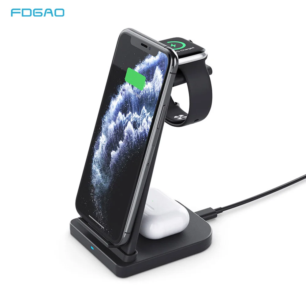 15W 3 in 1 Qi Wireless Charger Stand for iPhone 11 XS XR X 8 Fast Charging Dock Station For Apple Watch SE/6/5/4/3/2 Airpods Pro