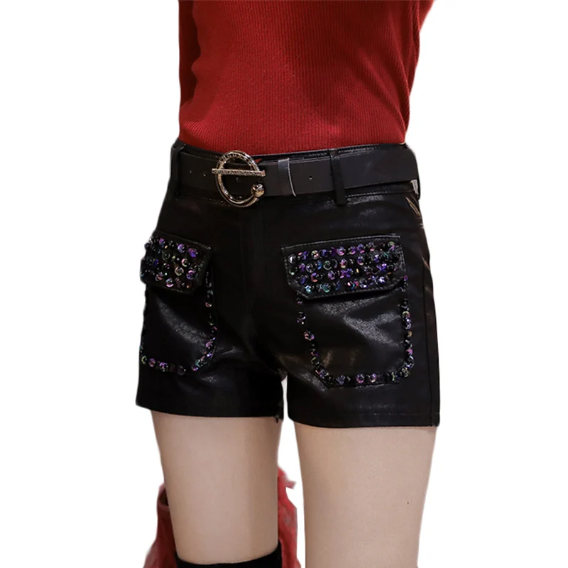 2021 Spring New PU Leather Shorts Plus size Women Beaded Sequins High Waist Leather Pants All