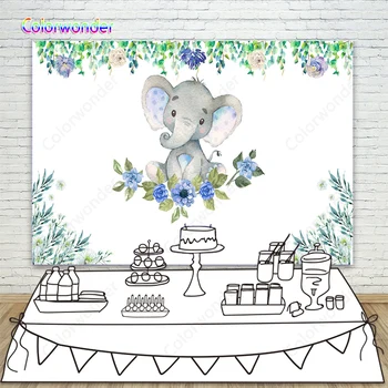 

Vinyl Baby Shower Backdrop Elephant Boy White Photo Backgrounds Purple Flowers Elephant Party Backdrops Dessert Table Banner