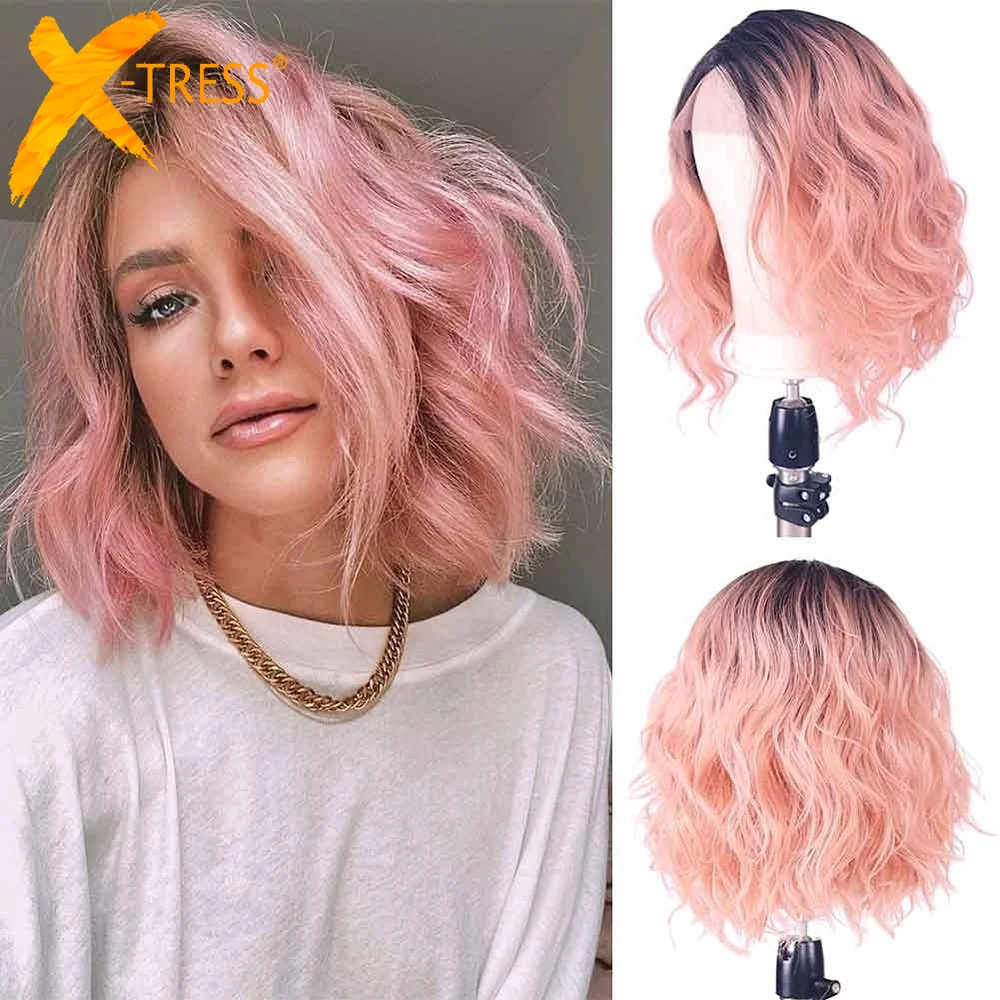 Photo Product X-TRESS Synthetic Lace Front Wig Ombre Pink Colored L part Lace Wigs For Women Heat Resistant Fiber Side Part Short Bob Hair Wig
