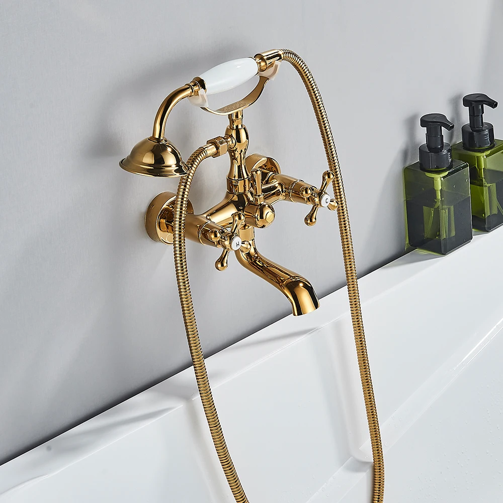 POIQIHY Golden Black Bathtub Shower Faucets Bathroom Wall Bath Shower Set Brass Mixer Tap Swivel Tub Spout Bath Shower Mixers 2