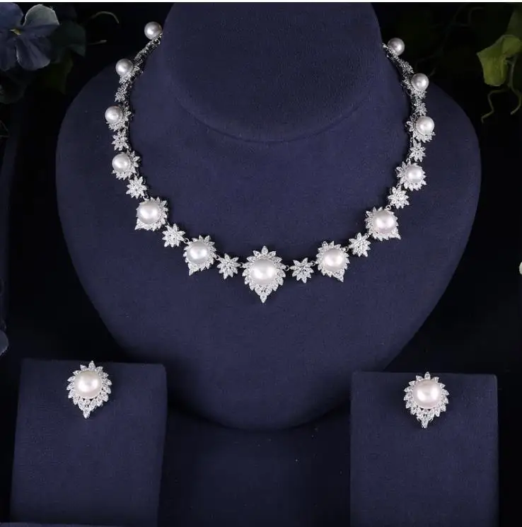 

Accking luxury Pearl cubic zirconia For Women Party Dubai Necklace Earring CZ Crystal Wedding Jewelry Sets