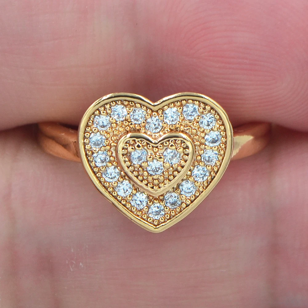 Romantic Women Gold Color AAA+ Cubic Zirconia Clear Micro Pave CZ Love Hearts Eternity Promise Ring Jewelry | Украшения и