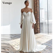 

Verngo Simple A Line Slik Chiffon&Satin Wedding Dresses Sweetheart Long Puff Sleeves Sweep Train Bridal Gowns Bride Formal Dress