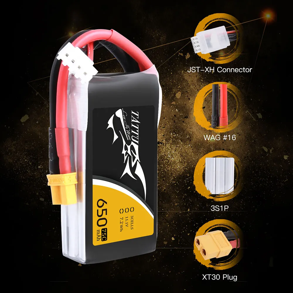 Литий-полимерный аккумулятор tattu 11,1 v 14,8 v 650mAh 3S 4S 75C RC аккумулятор с разъемом XT30 для рамы дрона FPV 150 размера
