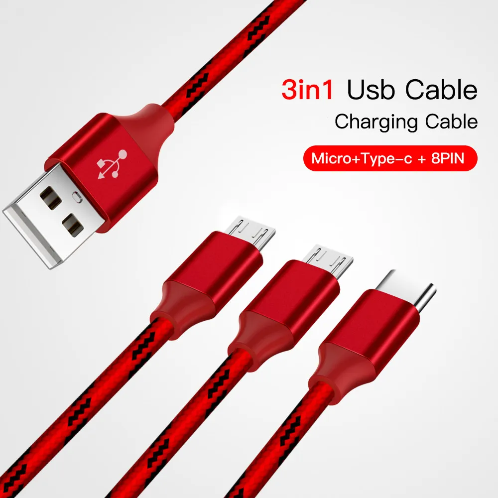 3 в 1 USB кабель позолоченный зарядный для iPhone 8 7 6 6S Plus iOS 10 9 Type C Micro кабели телефонов