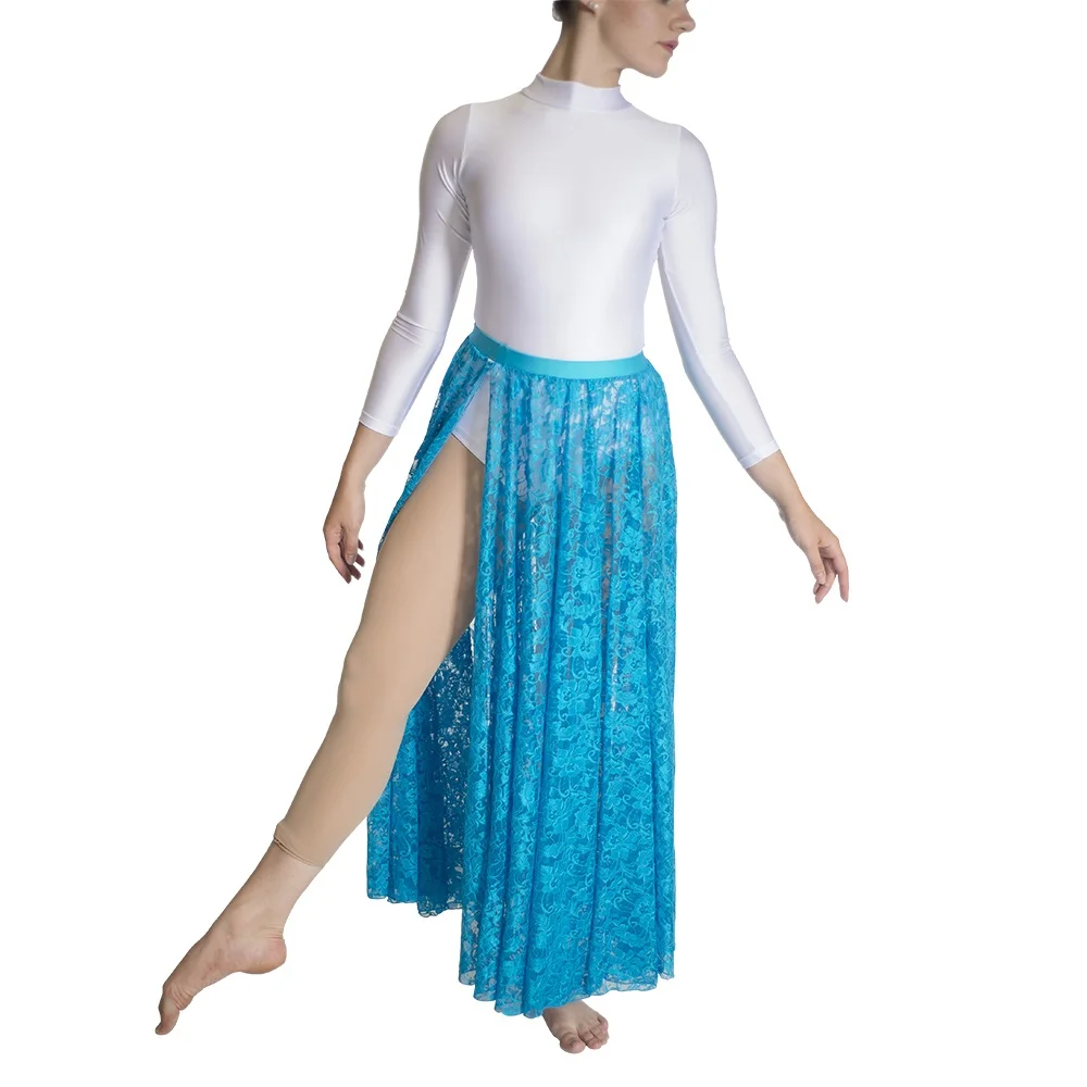 River BLue Длинные кружевные юбки для танцев с открытой стороны, кружевные длинные юбки для танцев, лирические танцевальные юбки - Цвет: River BLue