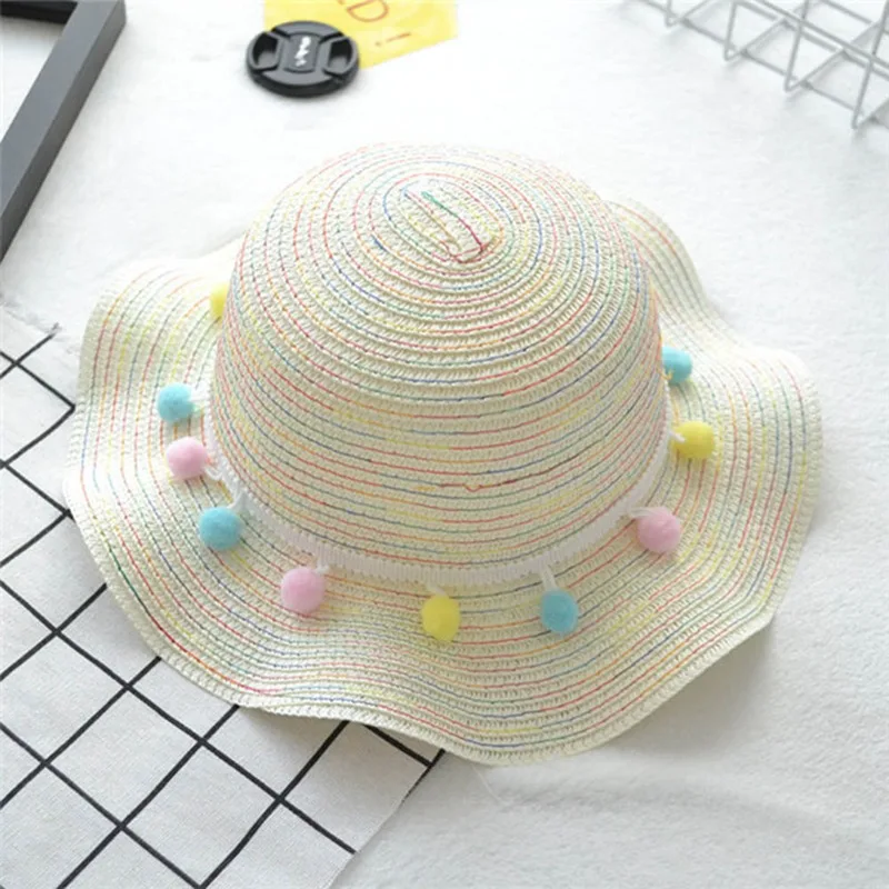 Новые летние детские соломенные шляпы с разноцветными кисточками и шариками, детская пляжная кепка, реквизит для фотосессии, шляпа с волнистым краем для девочек, солнцезащитный козырек, кепка s