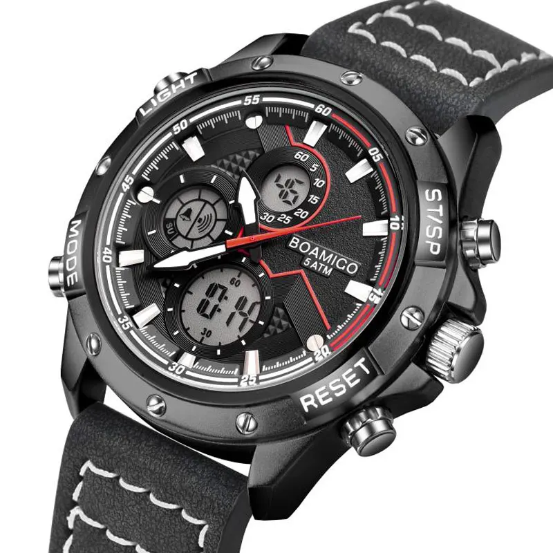 

Мужские часы от ведущего бренда BOAMIGO, роскошные Цифровые кварцевые часы в стиле милитари, водонепроницаемые спортивные наручные часы с хронографом и кожаным ремешком