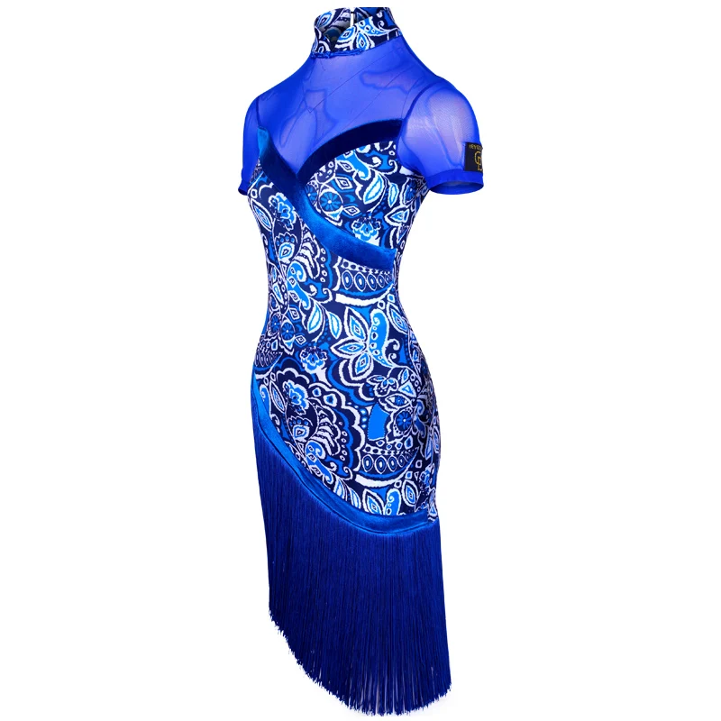 Дешевые латинские платья костюмы для латинских танцев для женщин Танго танцевальные платья Женская Одежда для танцев Самба костюм Одежда для танго синий кисточкой