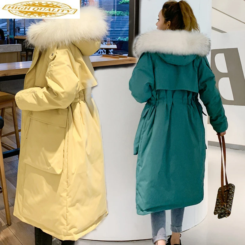 

2020 Women's Winter Down Jacket Long Duck Down Coat Raccoon Fur Collar Oversized Parka Korean Chamarras De Mujer KJ3724