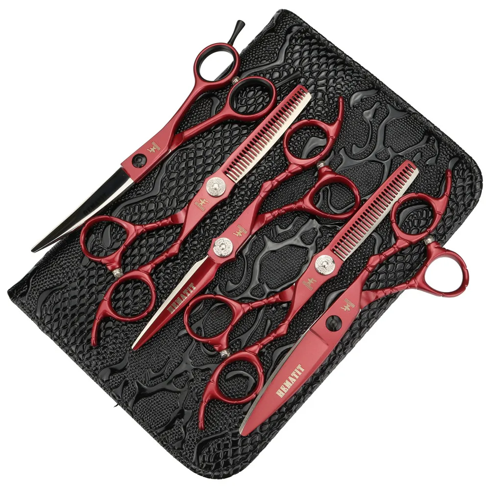 6 дюймов красный парикмахерские Профессиональные ножницы набор Япония 440C ножницы для волос резка и истончение ножницы и изгиб ножницы