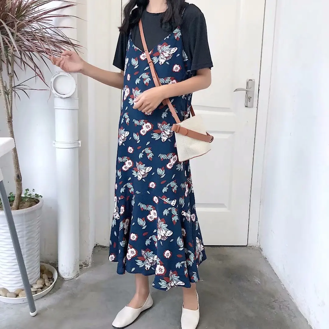 

2018 Summer New Style Korean-style Printed Outdoor Flounced Dress Medium-length Dress Floral-Print Strapped Dress Women's J8407