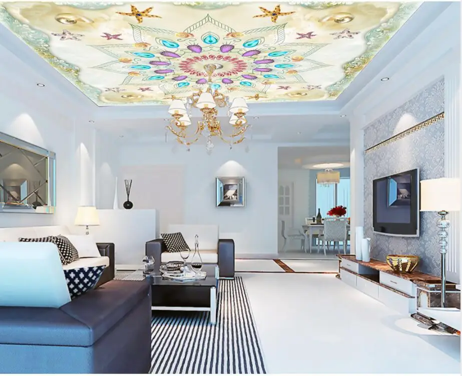 

Fashion shell Mediterranean style fashion ceiling Modern Designs 3D Living Room Bedroom Ceiling Wallpaper Papel De Parede