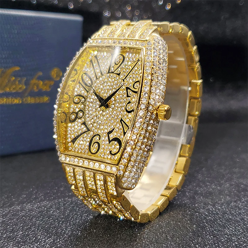MISSFOX Ceas de aur pentru bărbați, ceasuri hip-hop bling bling tonneau cu cuarț pentru bărbați mari, impermeabil, ceas de mână Millerable_voghion.com
