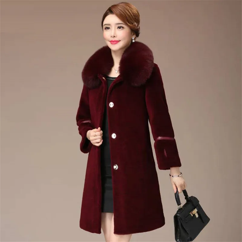 wine red Новая осенне-зимняя женская оторочка из овечьей шерсти, пальто из чистой шерсти, длинное пальто с мехом, двусторонняя Меховая куртка, верхняя одежда, A91 - Цвет: wine red