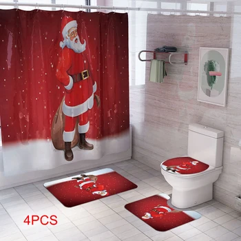 

4pcs Christmas Print Bathroom Decorations Set Toilet Seat Cover Bathtub Rug Shower Curtain Set