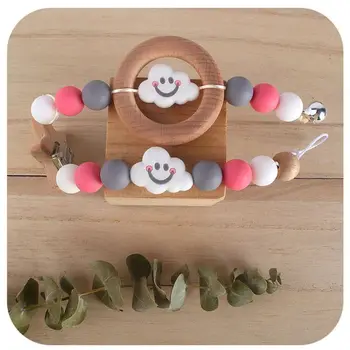 

2 Pcs Baby Pacifier Chain + Wood Ring Silicone Cloud Beads Teether Set Molar Toy 23GD