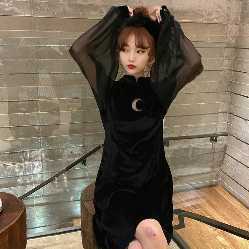 

Woman Black Pleuche Dress Spring Autumn Long Organza Balloon Sleeve One Piece Plus Size Knee Length Velvet Retro Dresses Woman