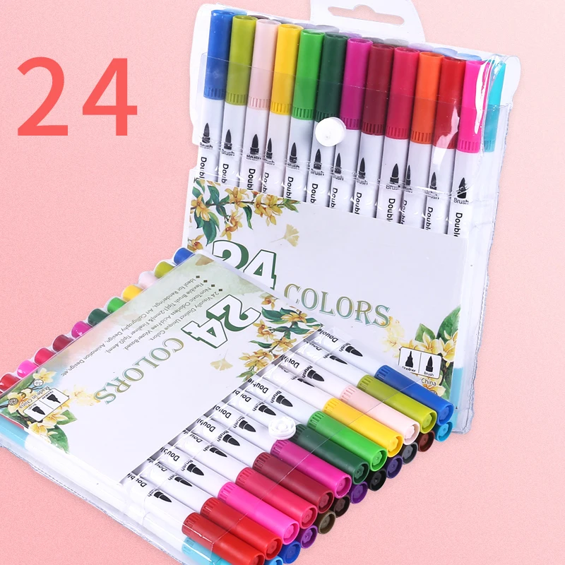 100 шт цветные ручки, два кончика, кисть, маркер, ручка, акварель, тонкая подводка, художественные маркеры для раскрашивания, рисования, каллиграфии - Цвет: 24 Colors