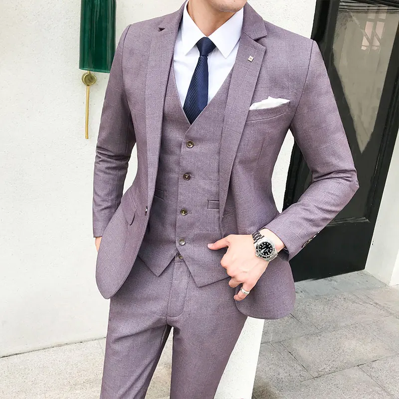 High Quality Men Wedding Suits Fashion male Plaid Suit 3 Piece Set Slim Design Mens Suits Jacket and Pants with Vests