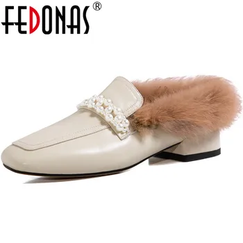 

FEDONAS Fashion Fur Women's Loafers Made Of Genuine Leather Pearl Decoration Shoes Woman Heels 2020 Fall Winter Thick Heels Mule