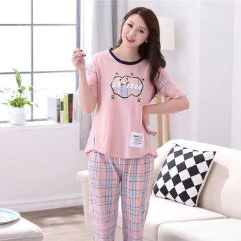 

2020 Autumn Plus Size Cotton Pajamas Sets For Women Short Sleeve Pyjama Girls Plaid Long Pants Loungewear Homewear Home Clothing