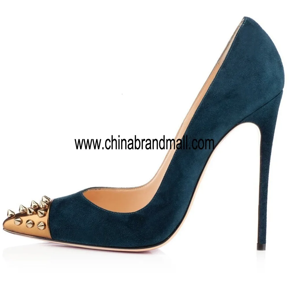 

Studded Rivets Toe High heels 12cm Fashion Ladies Sexy Pointed toe Spiked High heeled Shoes black Flock Leather Womens Pumps