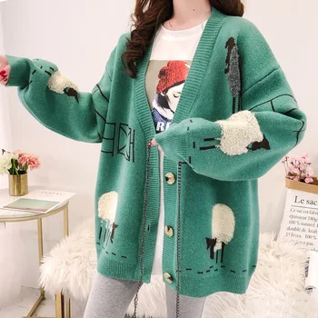 

Women's Embroidered Sweater Cartoon Animal Cute 2020 Autumn Winter Cardigan Preppy Office Lady 3XL Plus Size Casual Sweaters