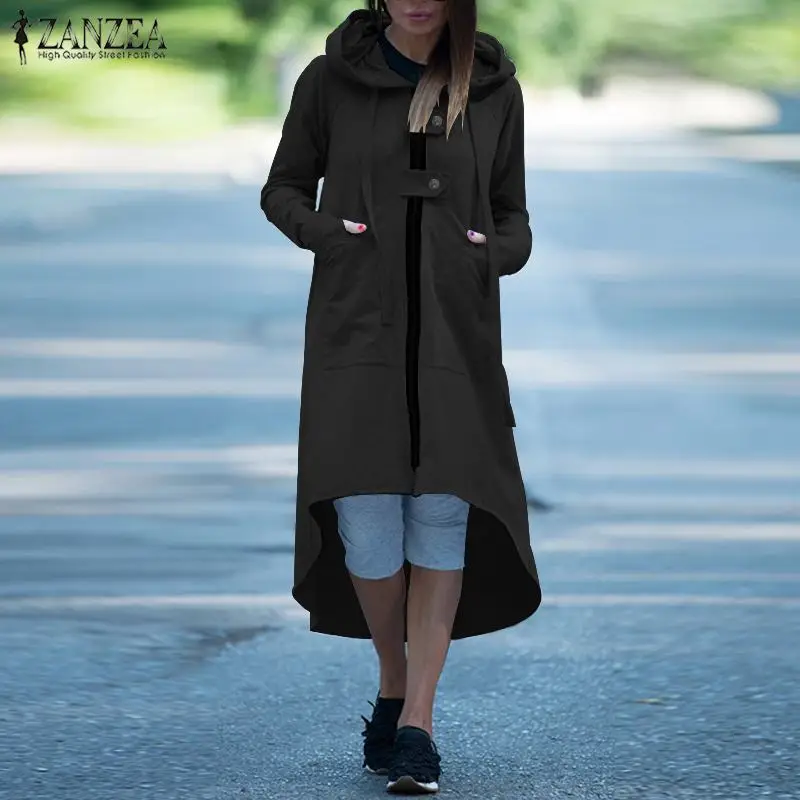 New  ZANZEA Women Irregular Hem Coats Casual Solid Jackets Female Long Outwear Side Pockets Zip Overcoat