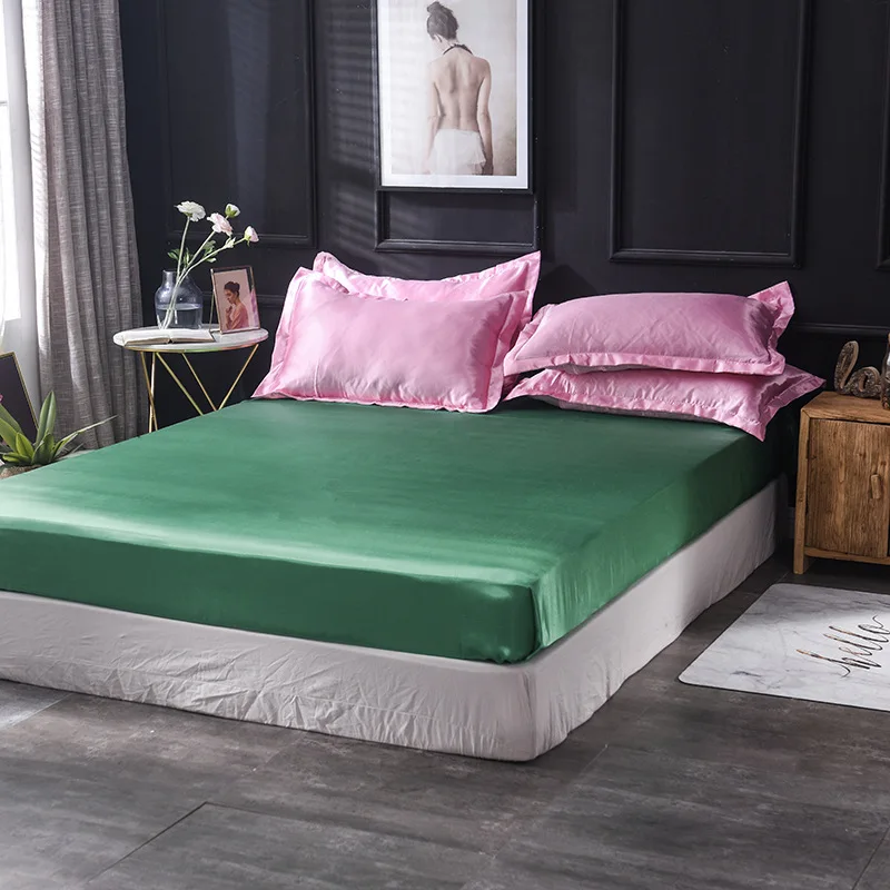 

Luxury Satin Silk Fitted Sheet Home Textile Bedspread Elastic Rubber Bed Sheet Set Mattress Cover + 2pcs Pillowcase Black Camel