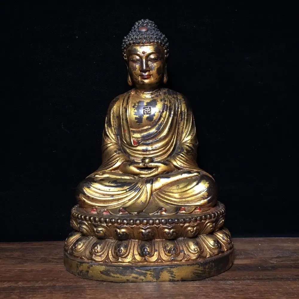 

11"Tibet Buddhism Temple Old Bronze Gilt Cinnabars Shakyamuni Buddha Statue Sitting lotus Amitabha Enshrine the Buddha