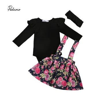 

Kids Baby Flower Girls Clothes Set Black Long Sleeve Bodysuits Tops Floral Tutu Dress Headband 3Pcs Girl Clothing Autumn Outfit