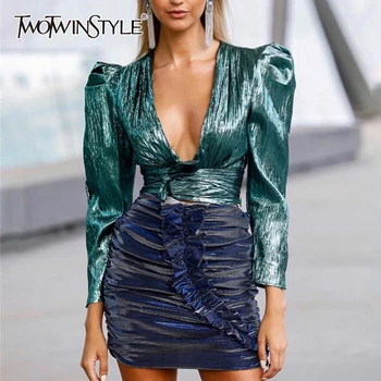 

TWOTWINSTYLE Sexy Slim Sets For Women V Neck Puff Long Sleeve Tunic Shirt High Waist Ruched Skirt Party Suit Female 2020 Fashion