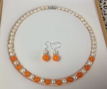 

Wonderful! 7-8mm White Pearl Orange Jade Necklace Earring Set 18"