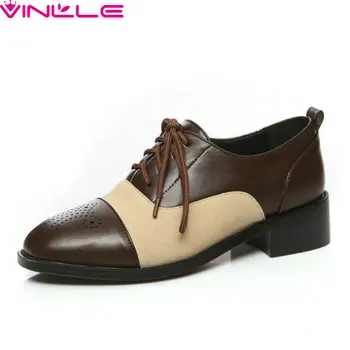 

VINLLE 2020 Casual Round Toe Square Heel Fashion Ladies Single Shoes Spring Autumn PU Leather Lace Up Women Pumps Size 34-43