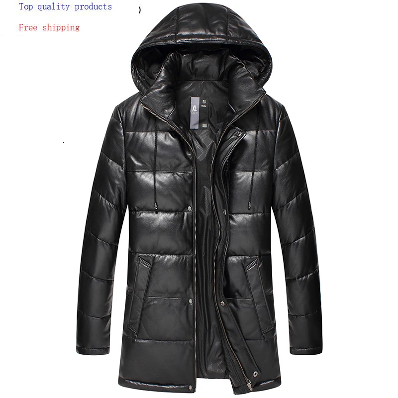 

Men's Leather Jacket Winter Genuine Leather Jacket Men Hooded Long Sheepskin Coat Down Plus Size Chaqueta Cuero Hombre 15D117