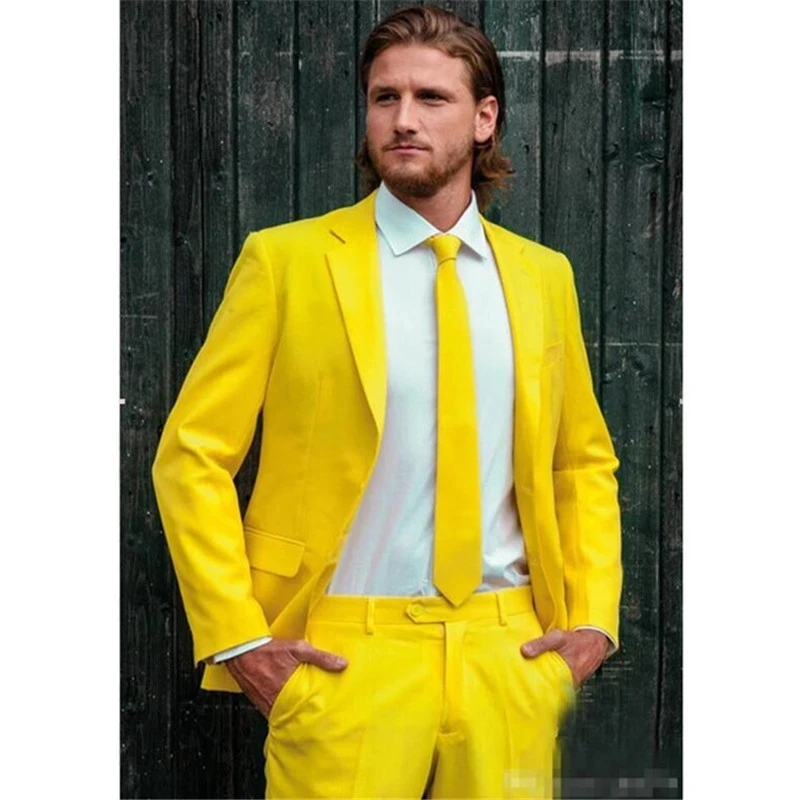 

Custom Made Fashion Groom 2 Pcs Yellow One Button Notch Lapel Slim Fit Mens Suits Coat Pant Design Latest Tailor-Made Male Set