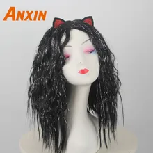 Anxin длинный черный кудрявый вьющийся афро восхитительный синтетический парик с бантом для черных женщин девочек ежедневное использование Косплей