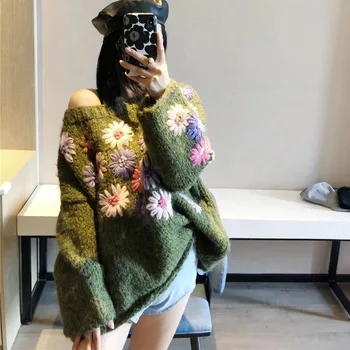 

2019 Autumn Winter Casual Sweaters High Quality Women Geometric Patterns Embroidery Knitting Long Sleeve Black Soft Knitwear