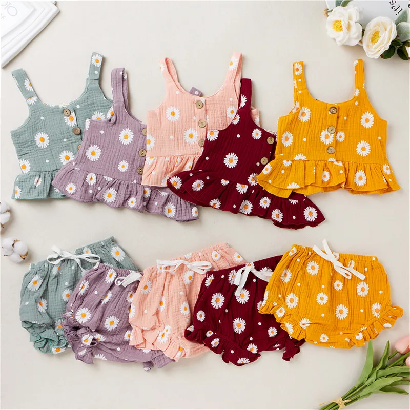 Toddler Baby Girl Daisy Flower Printed Sleeveless Tops+PP Shorts Kids Outfits 2pcs Summer Clothes Set